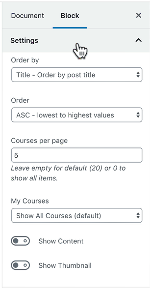 LearnDash block options panel example