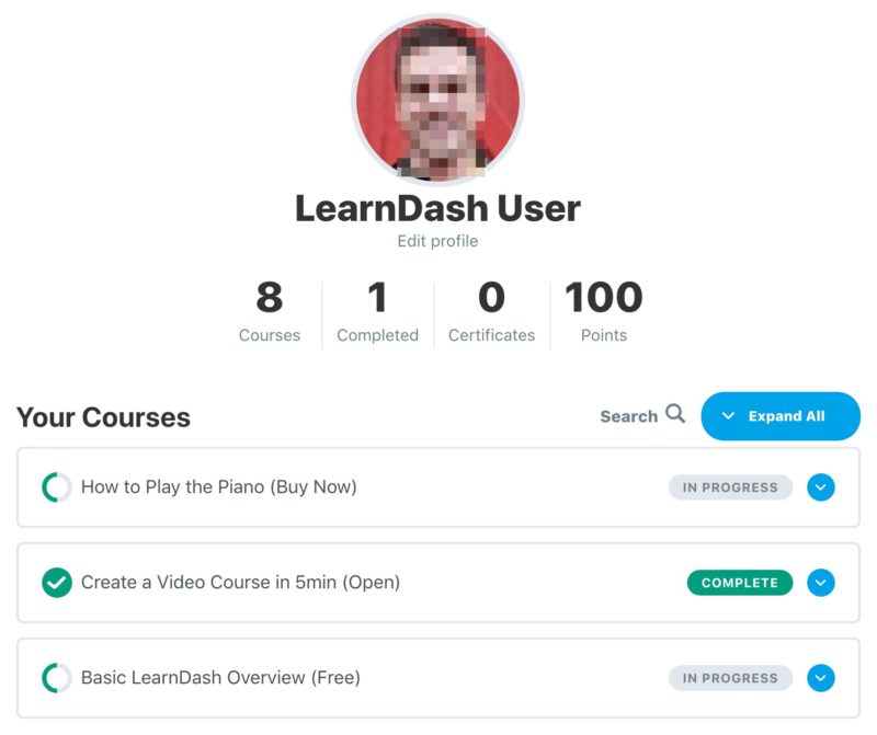 LearnDash User Profile, frontend example
