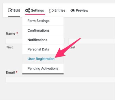 Gravity Forms settings > user registration menu