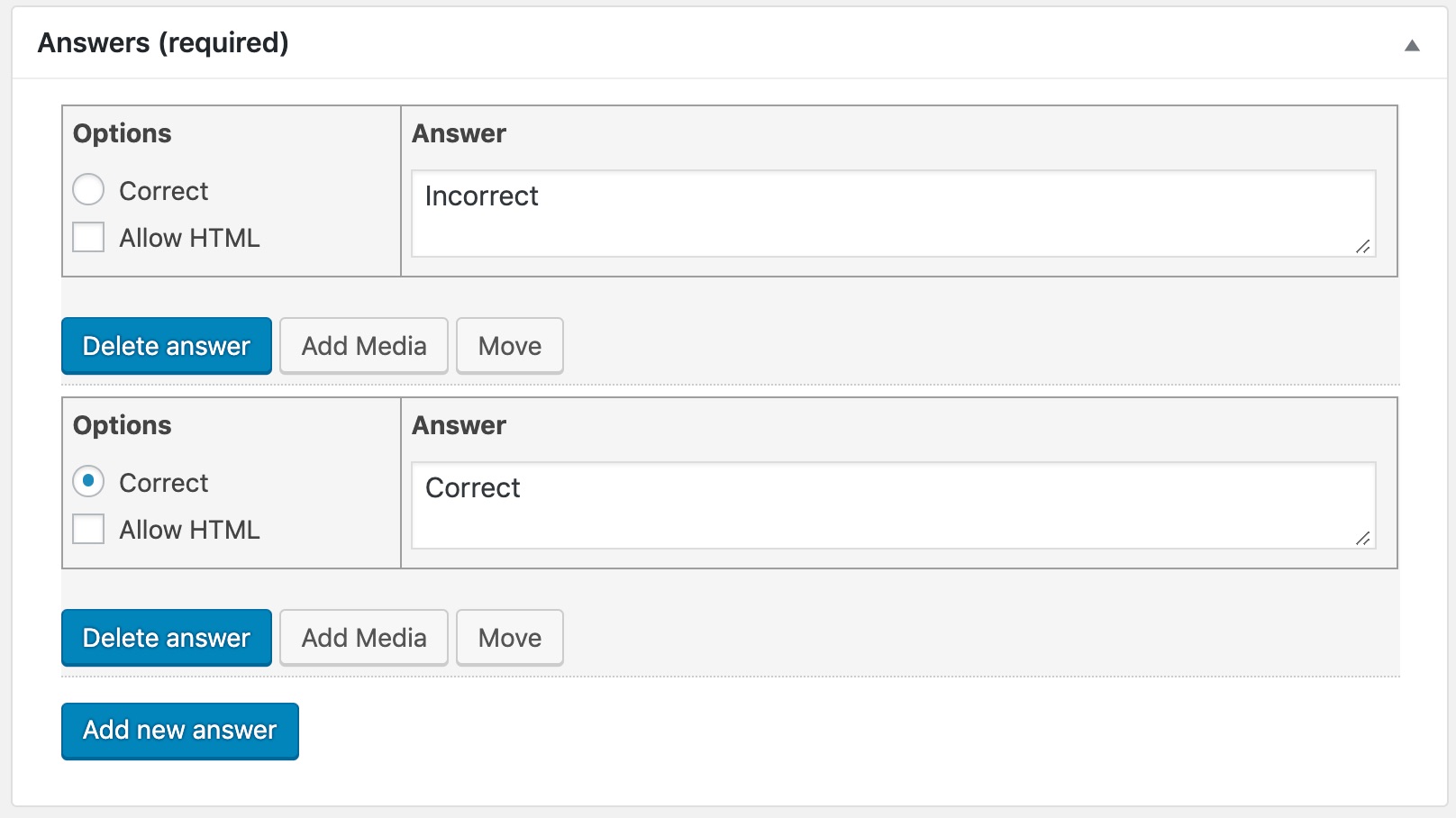 LearnDash single choice question in admin