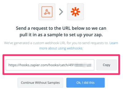 Zapier Webhook URL, copy to clipboard
