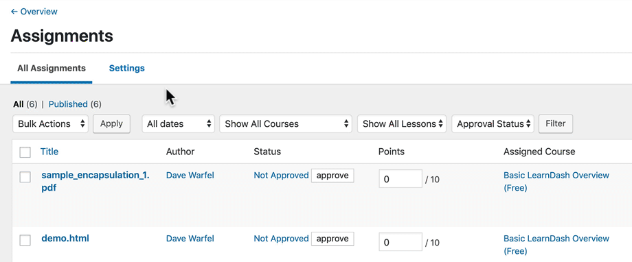 How to filter LearnDash assignments in the admin