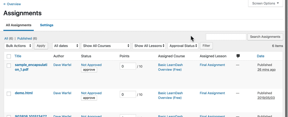 How to search LearnDash assignments in the admin
