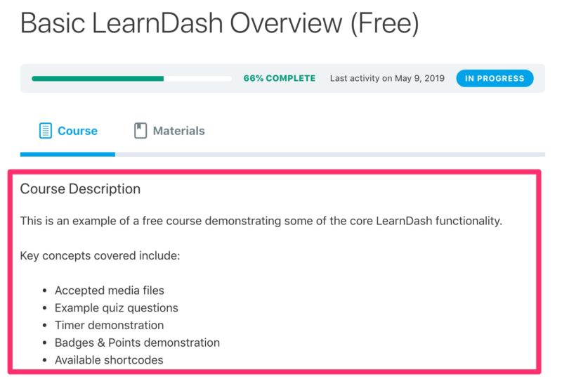 LearnDash course description frontend example