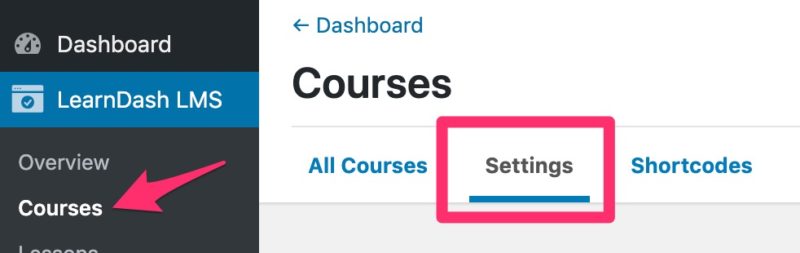 LearnDash course settings navigation