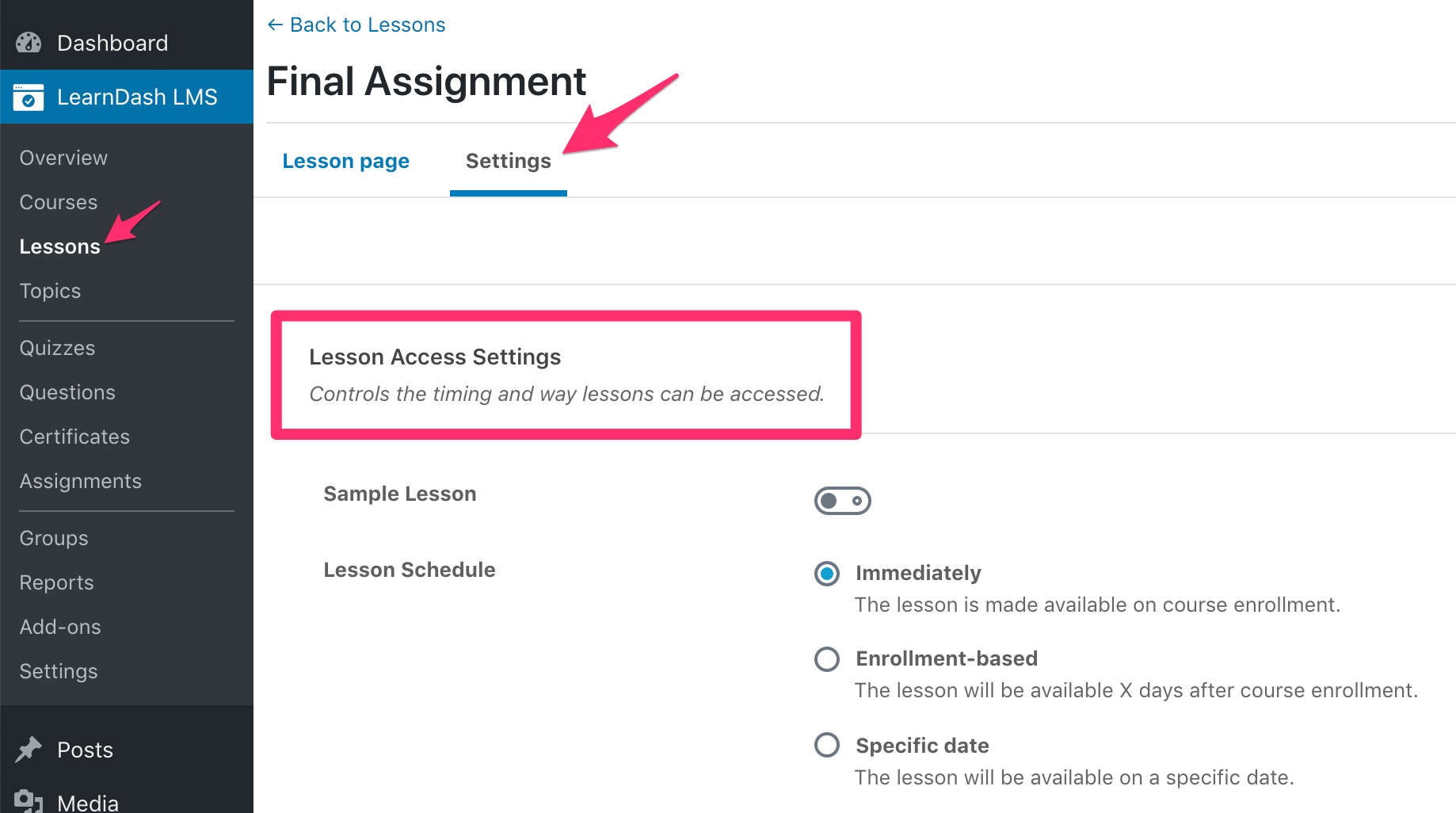LearnDash lesson access settings