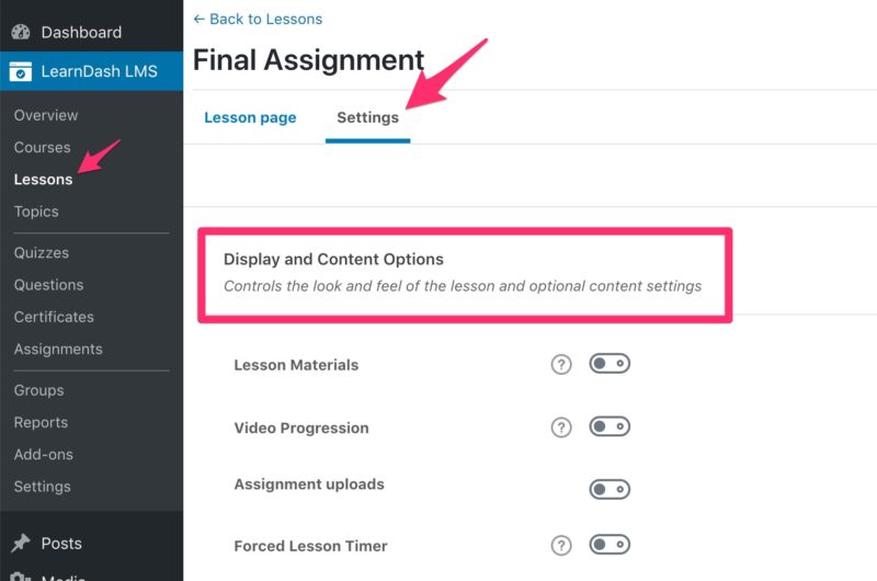 LearnDash lesson display & content settings