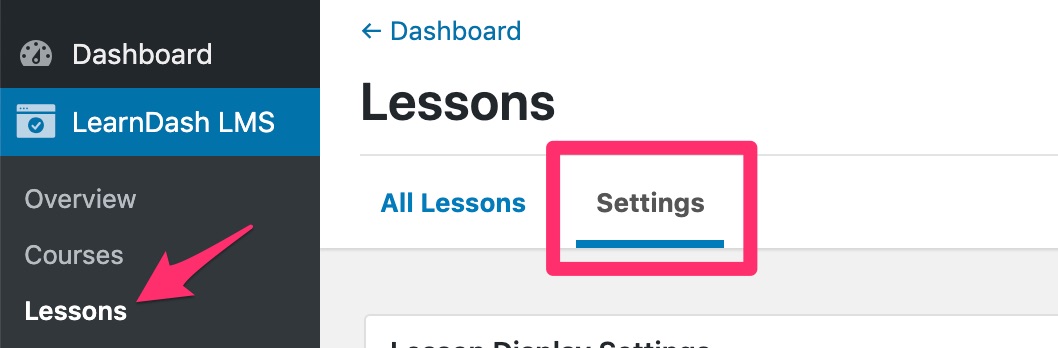 LearnDash global lesson settings navigation