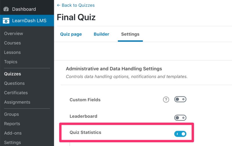 LearnDash actions menu, quiz statistics