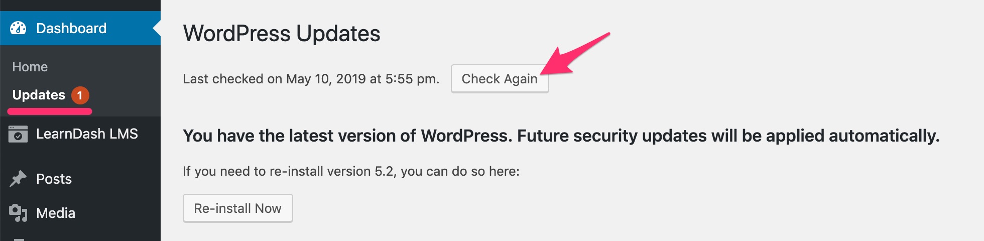 Check for WordPress updates button