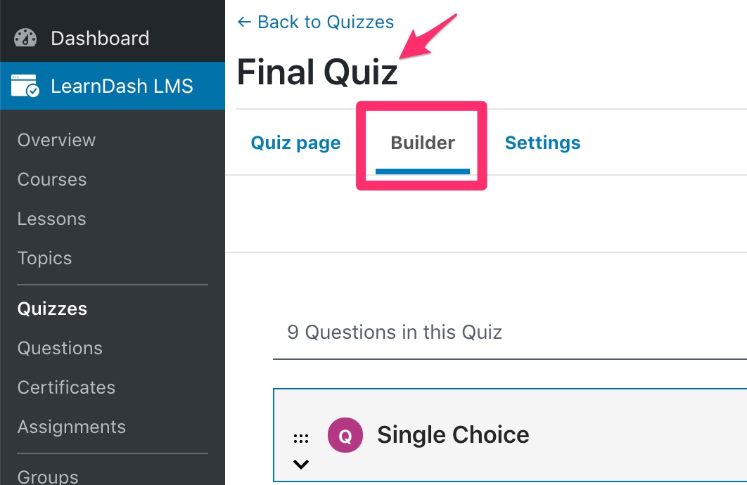 LearnDash quiz builder tab in admin