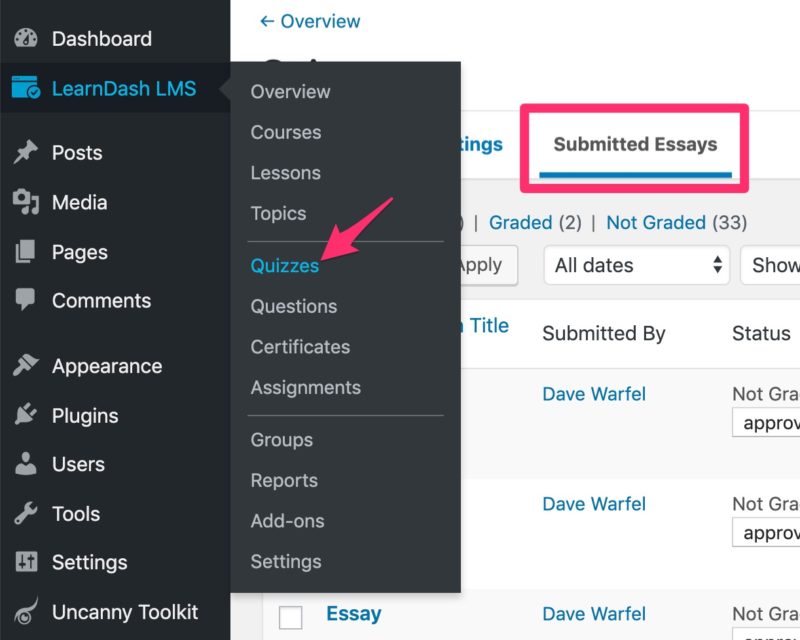 LearnDash submitted essays tab in admin