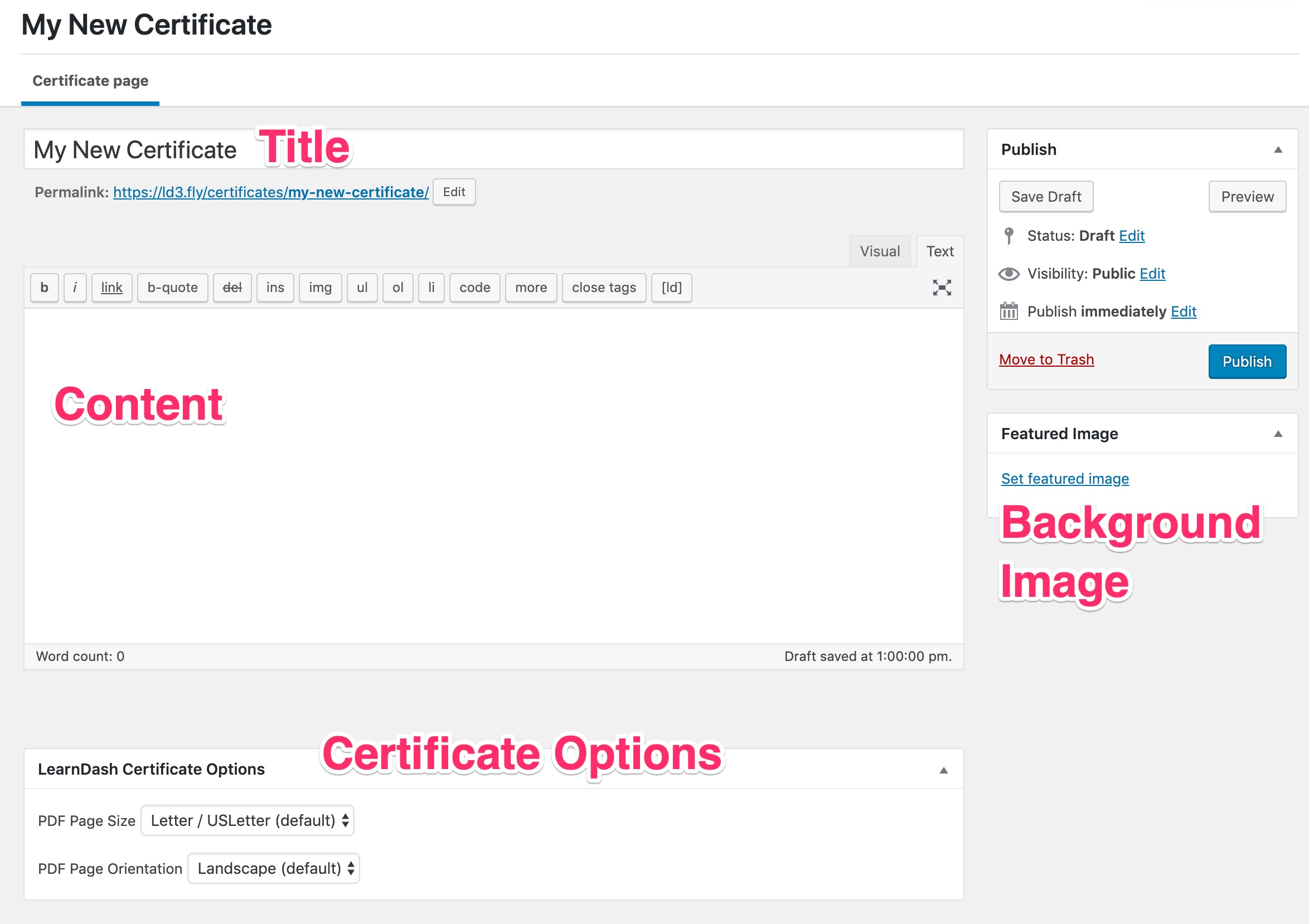 LearnDash certificate admin screen overview