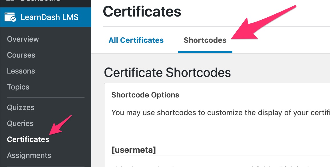 Certificate Shortcodes Learndash Support