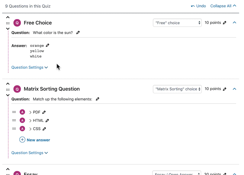 LearnDash quiz builder, question settings