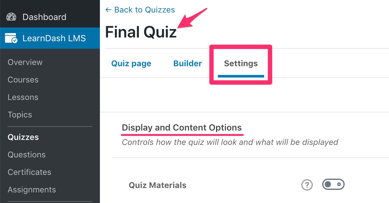 LearnDash quiz display & content settings access