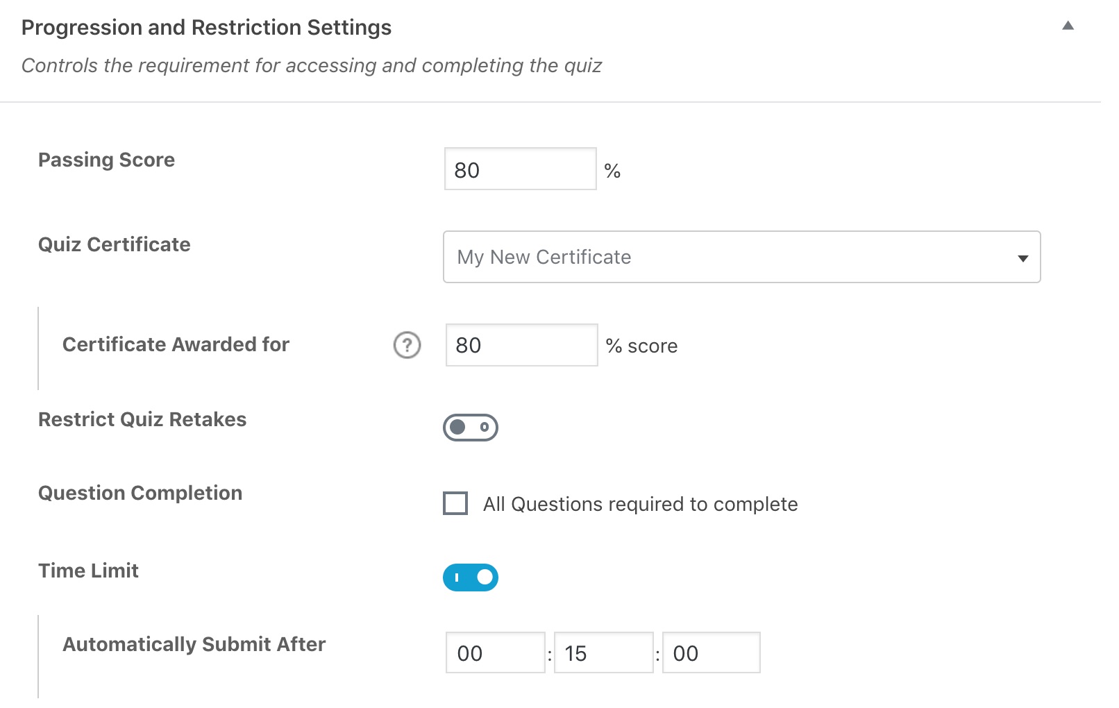 LearnDash quiz progression & restrictions settings in admin