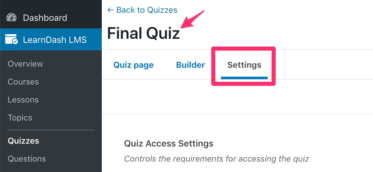 LearnDash single quiz settings tab
