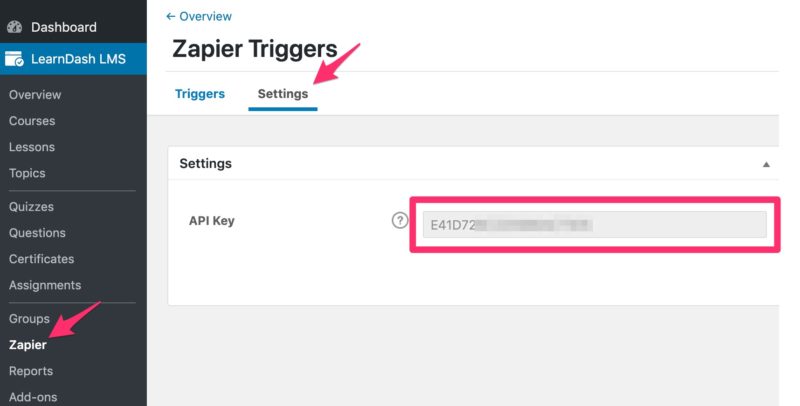 Copy Zapier API key in LearnDash settings