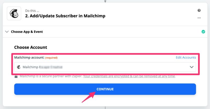 Mailchimp successfully connected. Click continue.