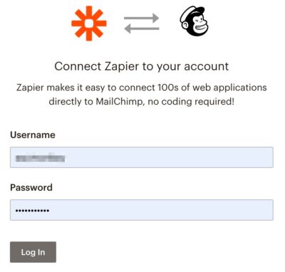 Connecting Zapier to Mailchimp, the login popup window