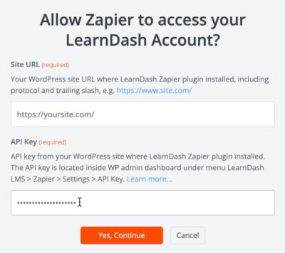 Zapier site URL & API key screen