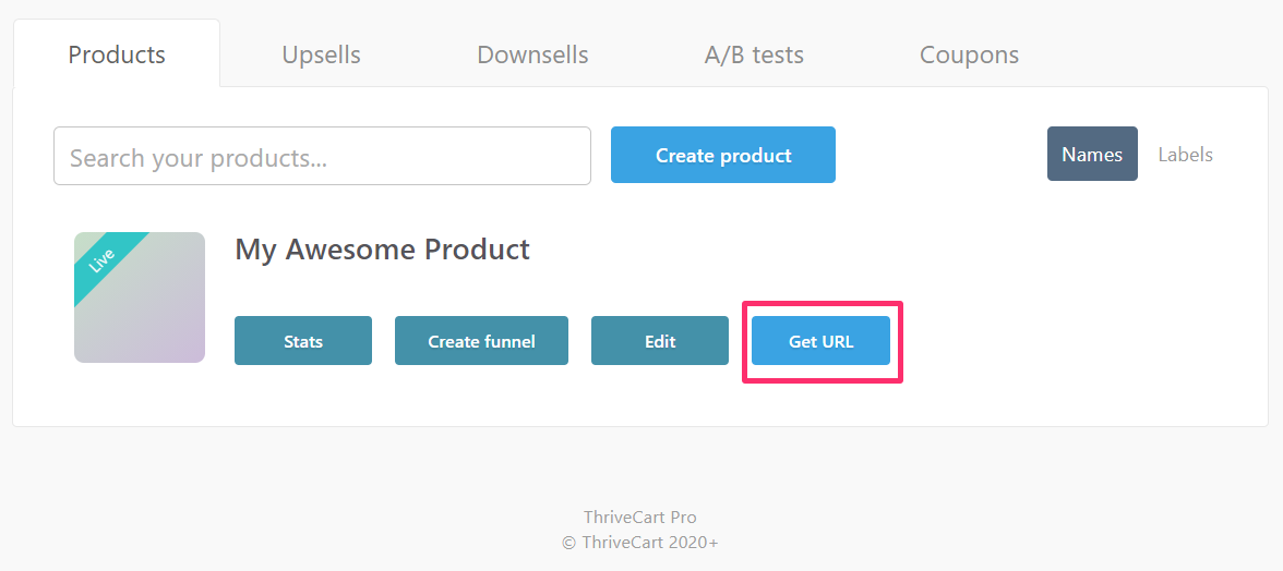 ThriveCart product page get URL button