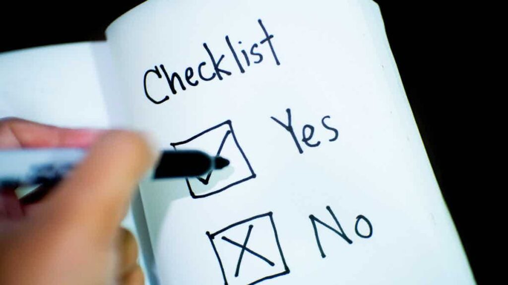 A checklist showing yes and no options.