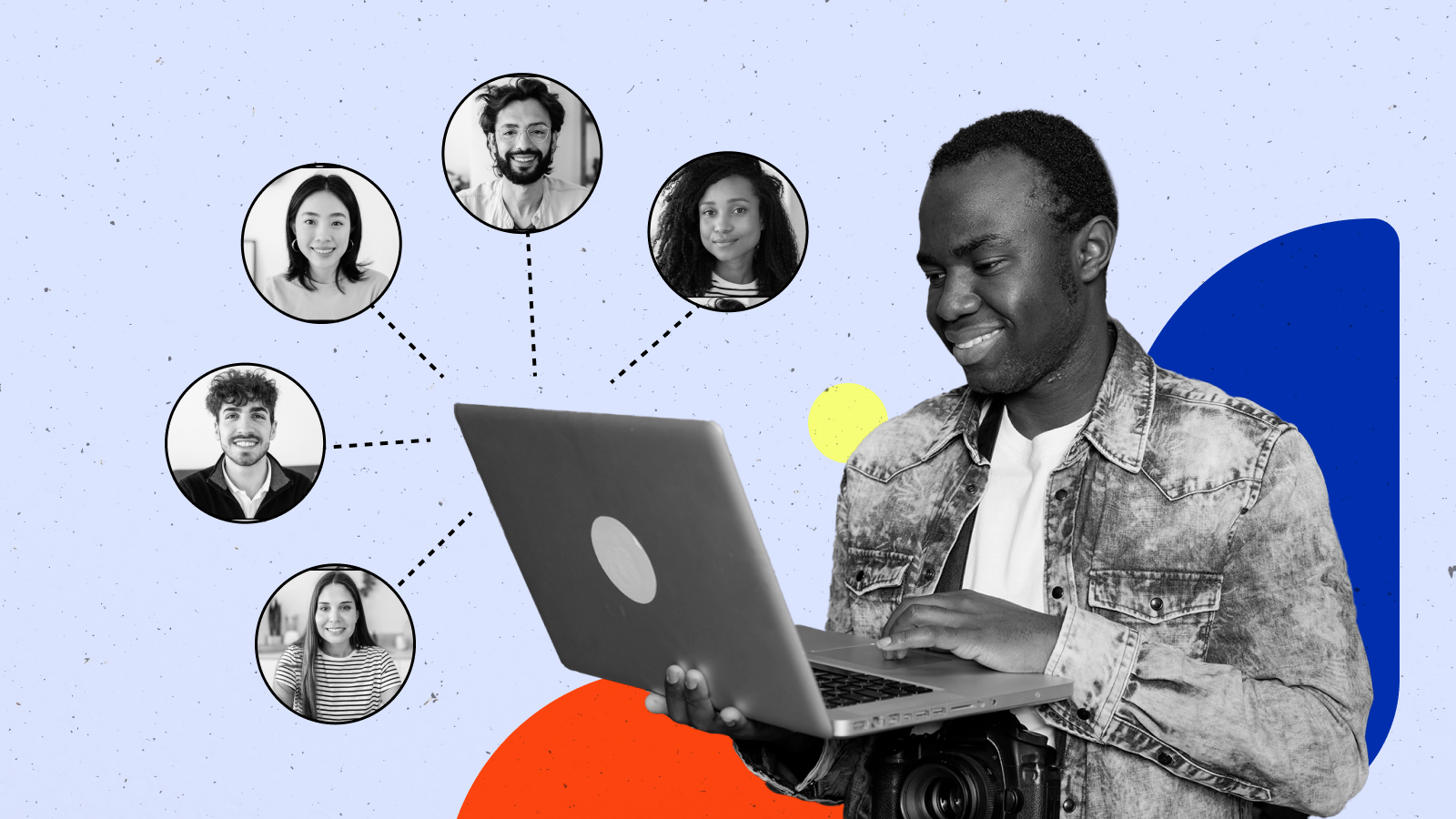 A man with a computer in his lap and circles of people surrounding it.