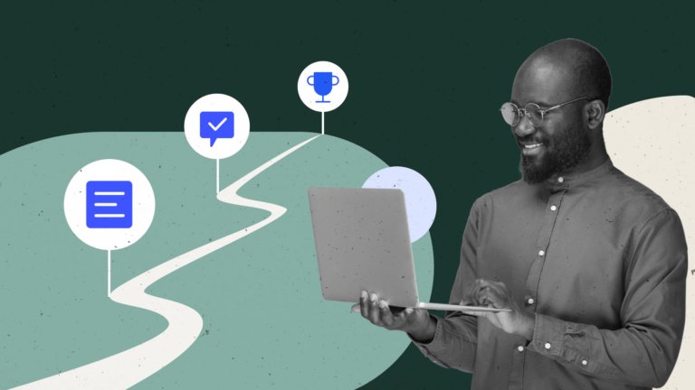 A smiling man with a laptop stands beside a winding path marked with icons for content, progress, and achievement—representing the journey of building engaging online courses.