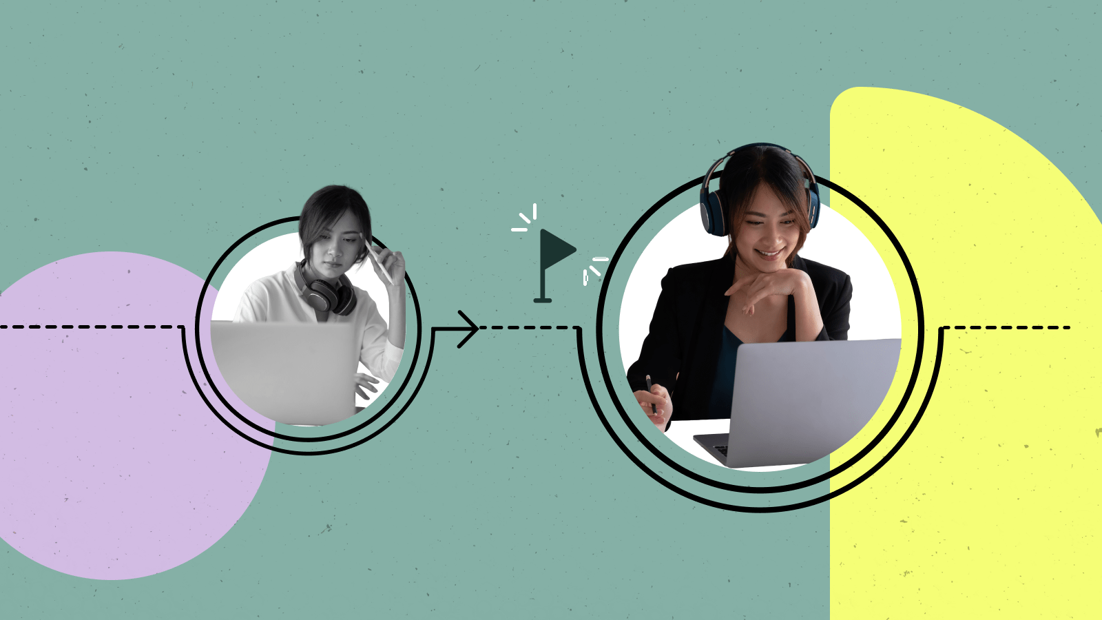 A woman is working on her laptop and then transitions to being happier on the right hand side.