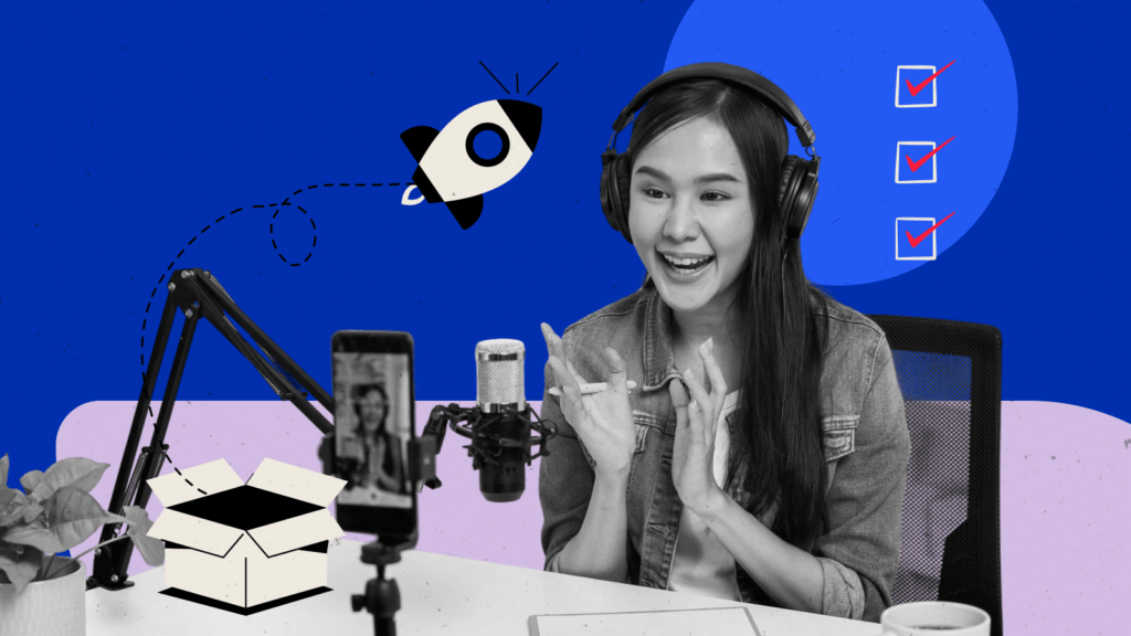 Woman recording a video with a smartphone and microphone setup, wearing headphones and gesturing energetically, symbolizing excitement and preparation. Surrounding graphics include a rocket launch, a checklist, and an open box—representing key elements of launching an online course.