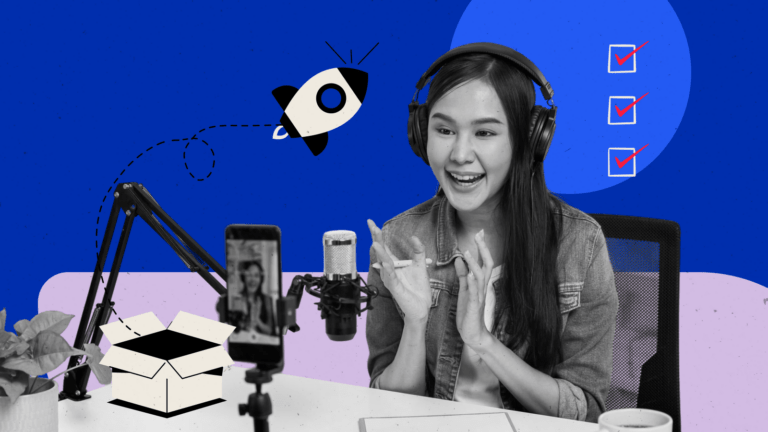 Woman recording a video with a smartphone and microphone setup, wearing headphones and gesturing energetically, symbolizing excitement and preparation. Surrounding graphics include a rocket launch, a checklist, and an open box—representing key elements of launching an online course.