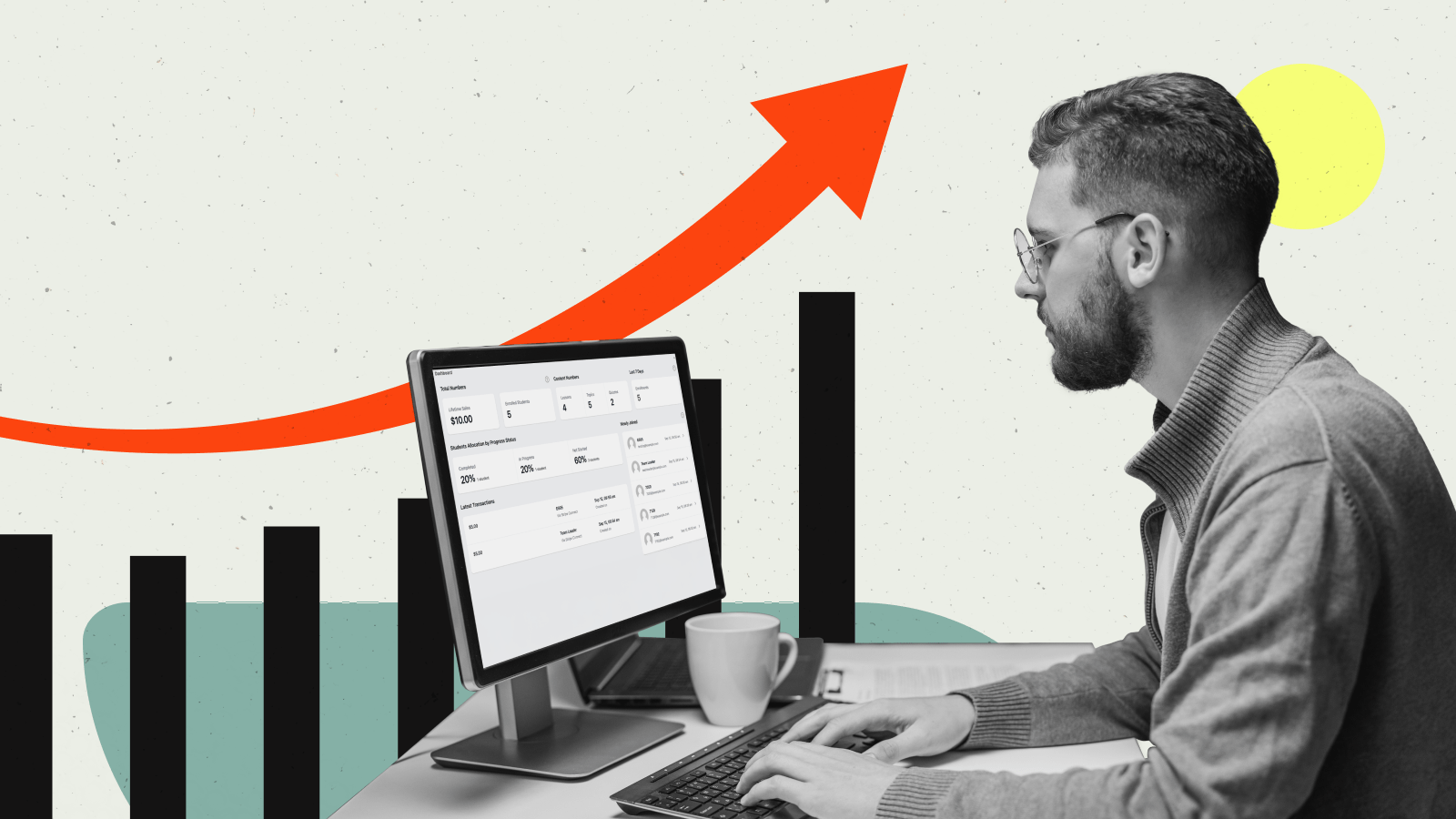 A man is sitting in front of a computer screen with a progress bar behind him