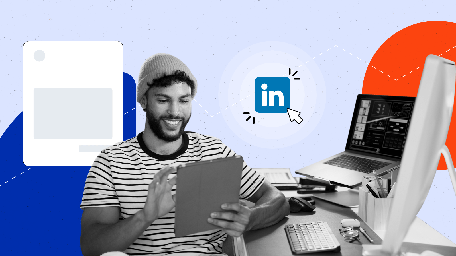 a person is on a tablet with a LinkedIn logo in the corner
