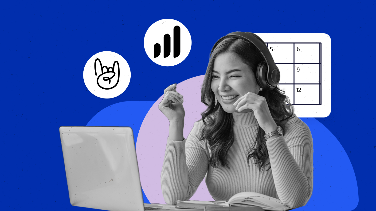 a woman wearing headphones while interacting with her laptop