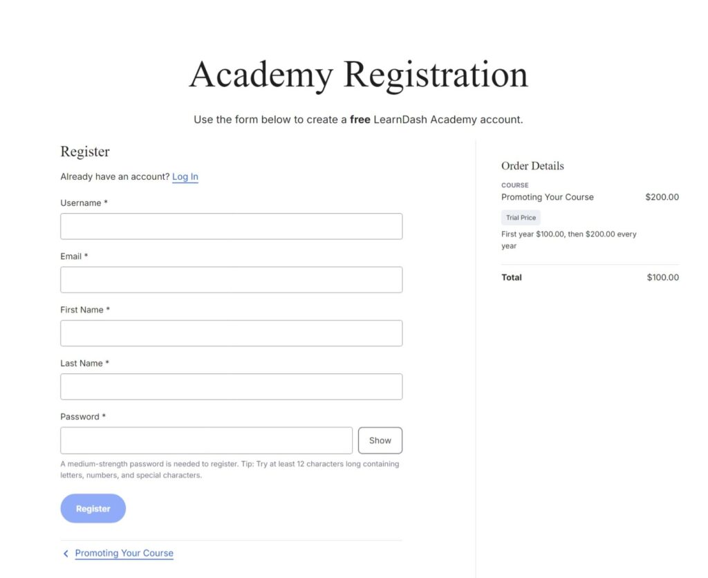 The new registration page requires less scrolling and shows the order details on the right hand side. 