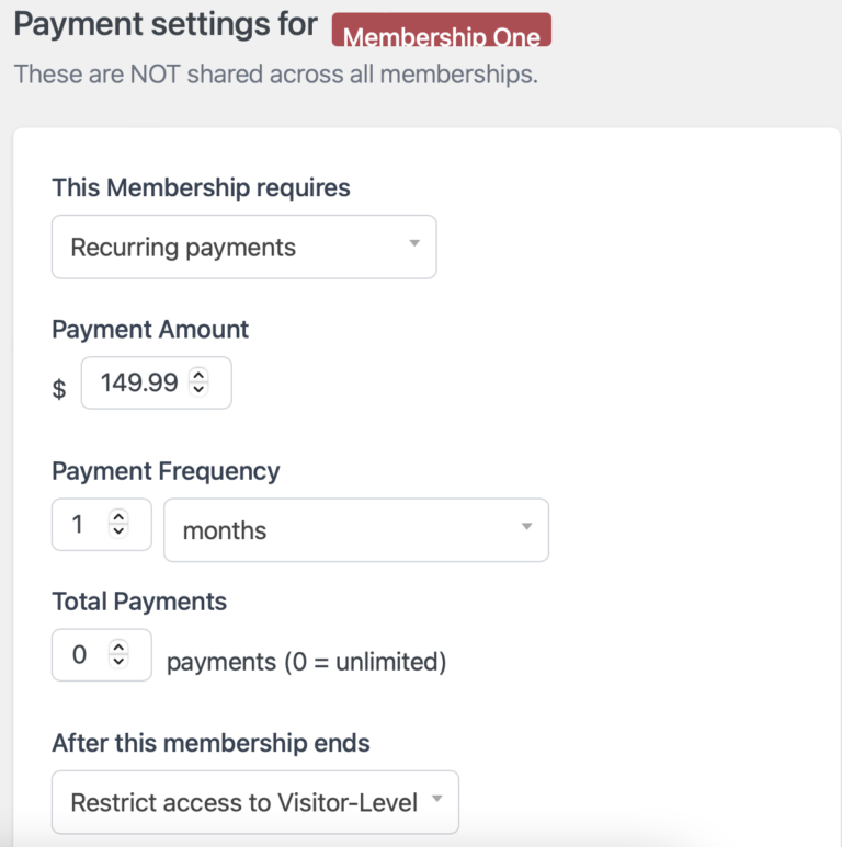 memberdash payment settings for individual memberships