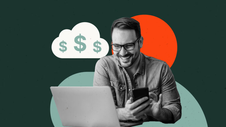 a youngman staring at a monitor with dollar signs next to his head