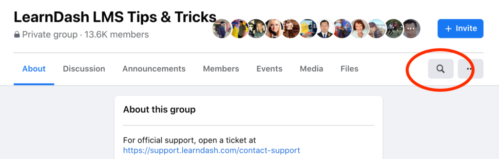 The LearnDash Tips and Tricks group menu with search bar cirlced