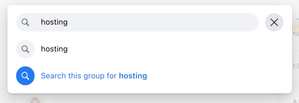 Facebook search bar showing search for "hosting"