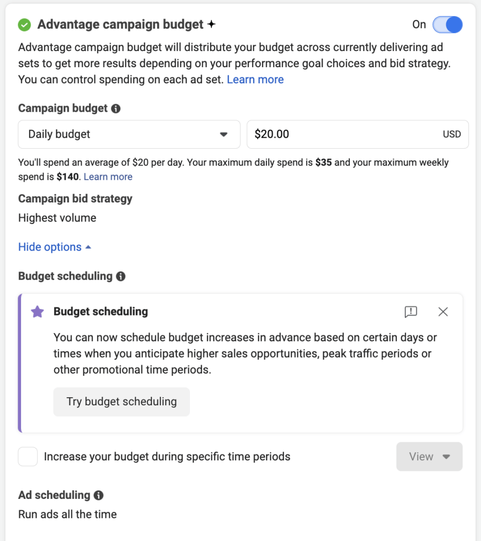 advantage campaign budget section of ads manager