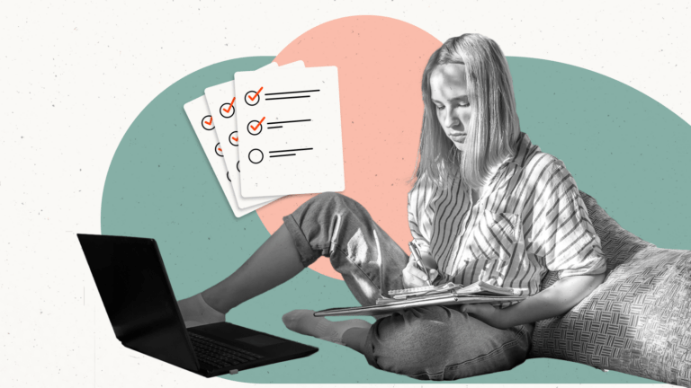 Girl writing in a notebook by her computer with an assignment graphic in the corner.