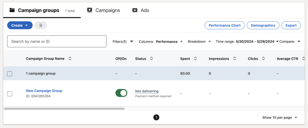Campaign groups tab in LinkedIn ads