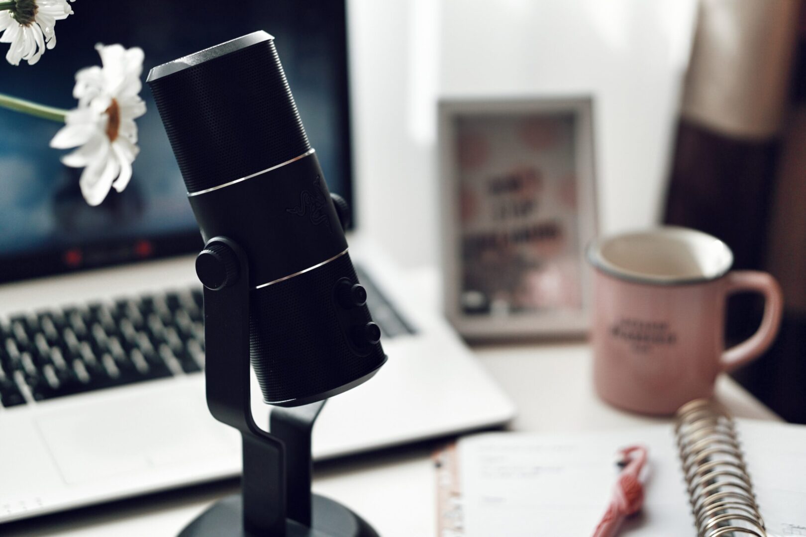 microphone and stationary items on desk