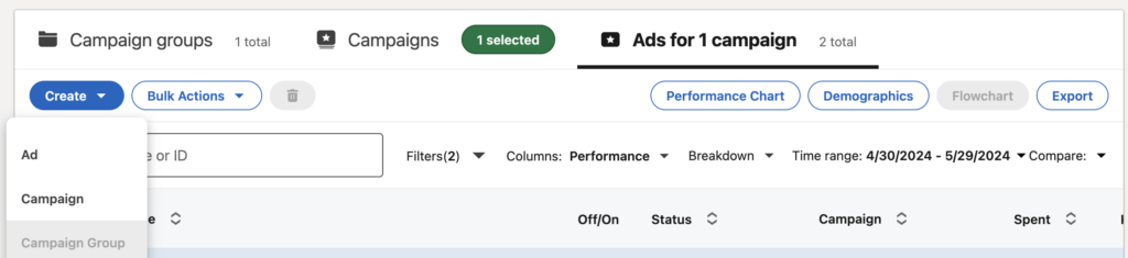 Ads tab for LinkedIn ads