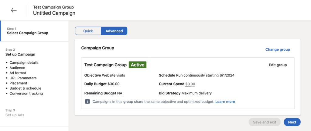 Create campaign, advanced settings in LinkedIn ads