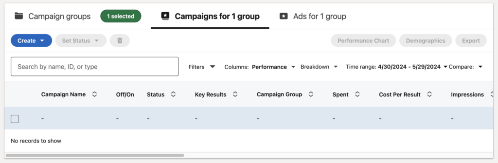 Campaigns tab in LinkedIn ads 