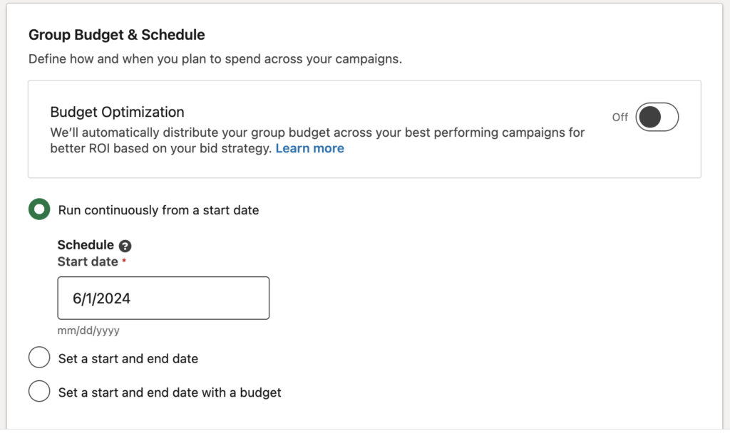 Group budget and schedule in LinkedIn ads 