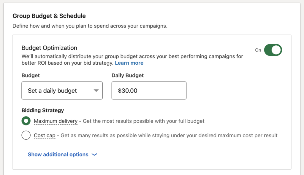 Group budget and schedule, Budget optimization in LinkedIn ads